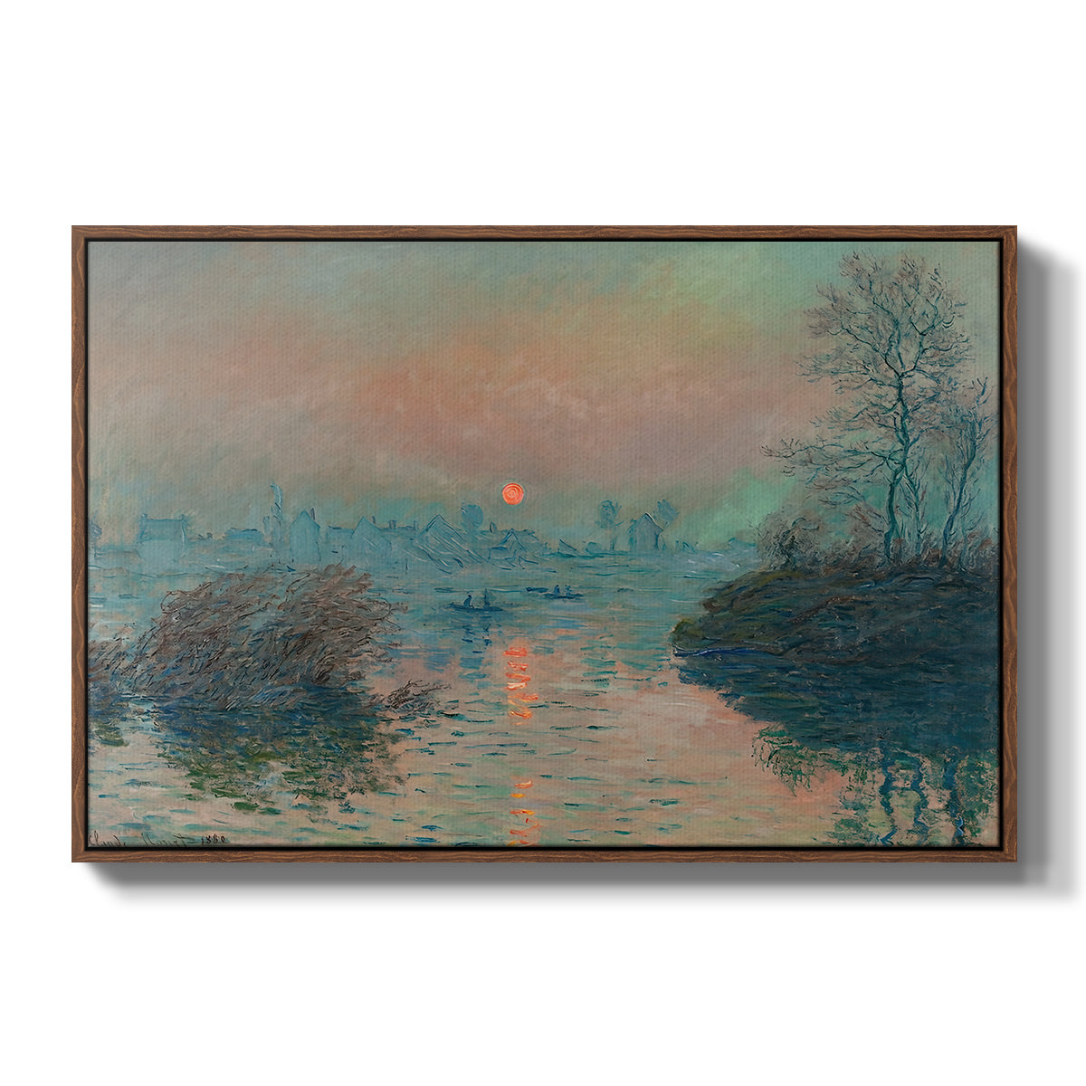 Sunset on the Seine at Lavacourt, Winter Effect, 1880 by Claude Monet in a walnut floater framed canvas wall art display.