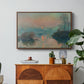 Sunset on the Seine at Lavacourt, Winter Effect, 1880 by Claude Monet in a walnut floater framed canvas featuring a glowing sunset over snowy river landscape with soft reflections, displayed above a wood console cabinet.