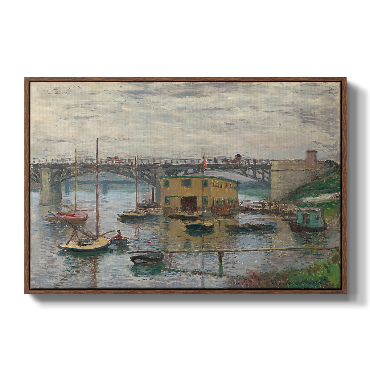 Bridge at Argenteuil on a Gray Day, c. 1876 by Claude Monet in a walnut floater framed canvas wall art display.