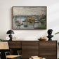 Bridge at Argenteuil on a Gray Day, c. 1876 by Claude Monet displayed in a walnut floater framed canvas above a dark wood credenza in an entryway.