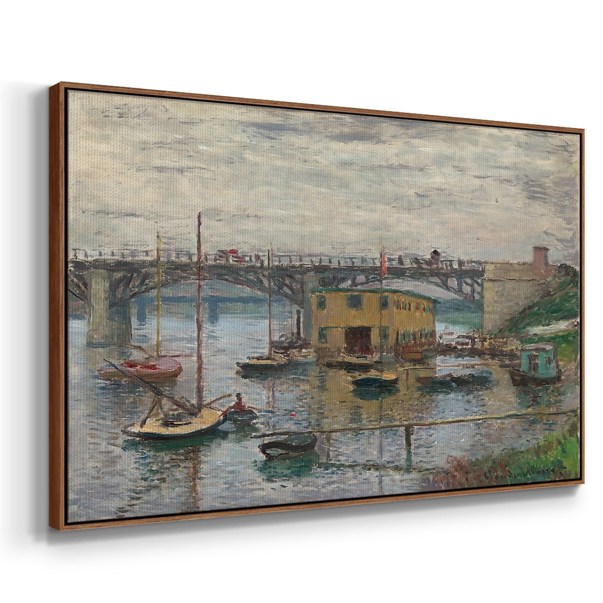 Angled view of Bridge at Argenteuil on a Gray Day, c. 1876 by Claude Monet in a walnut floater framed canvas.