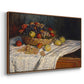 Angled view of Still Life with Apples and Grapes, 1880 by Claude Monet in a walnut floater framed canvas.