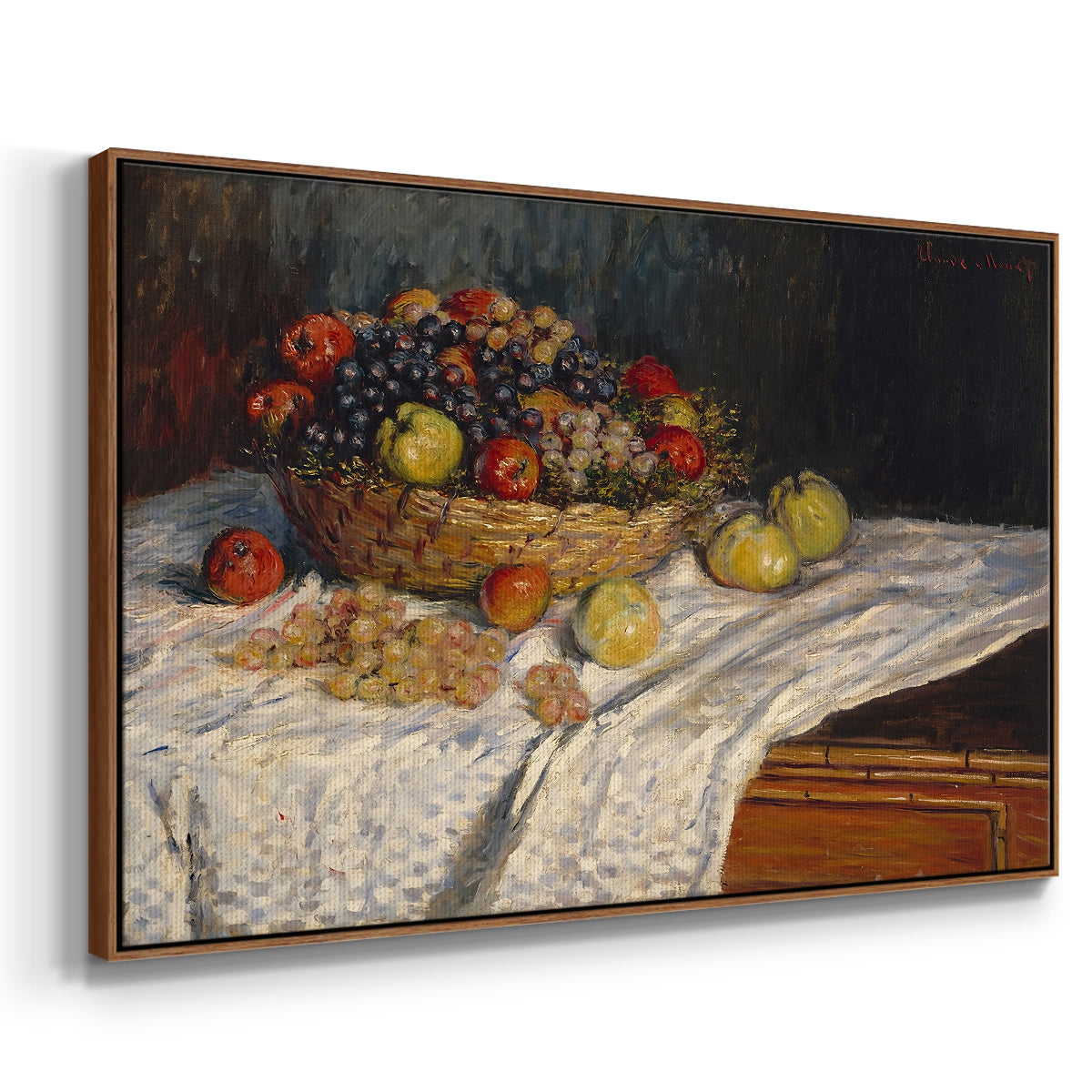 Angled view of Still Life with Apples and Grapes, 1880 by Claude Monet in a walnut floater framed canvas.