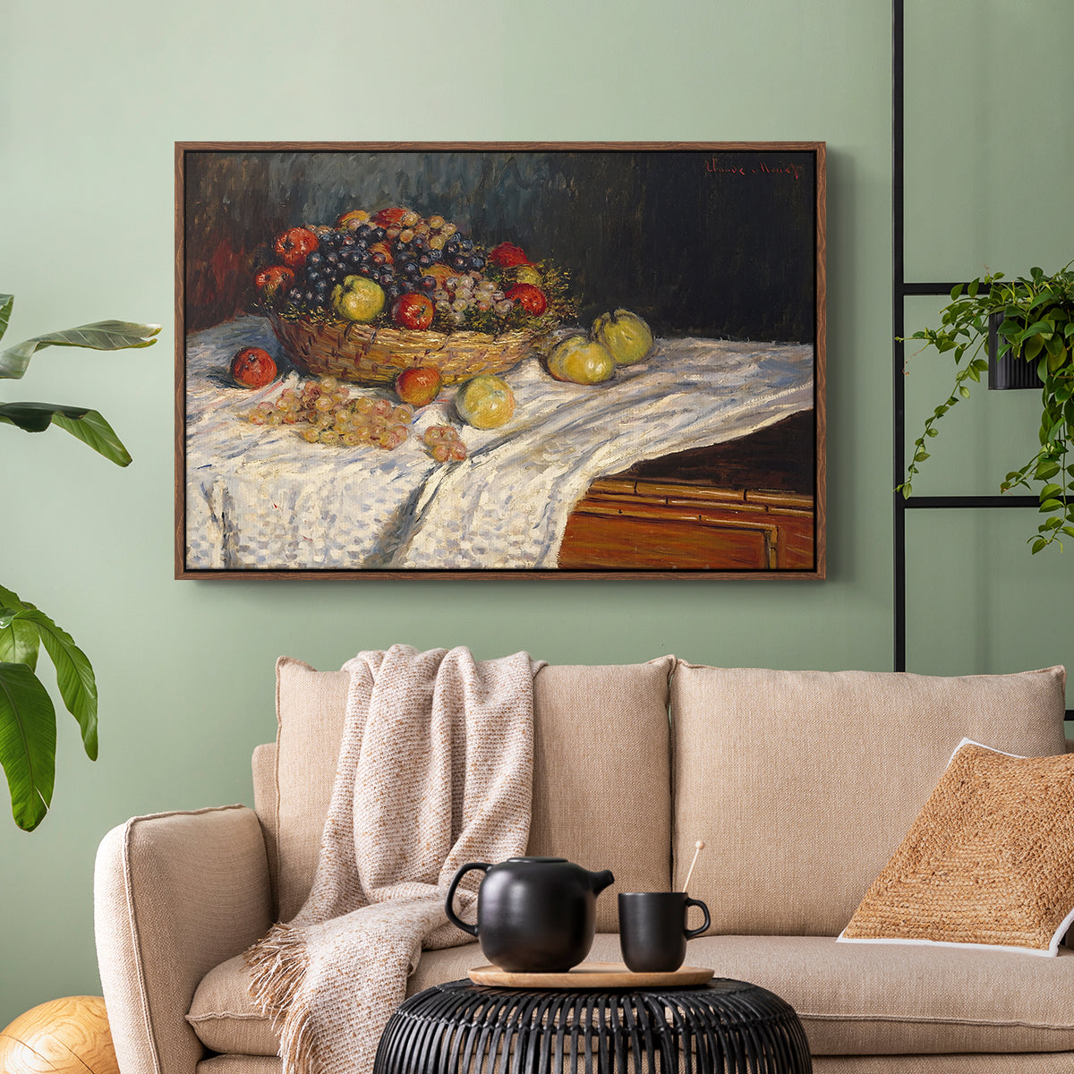 Walnut floater framed canvas featuring a tabletop composition with fruit and subtle shadows, displayed above a sofa in a modern living room.