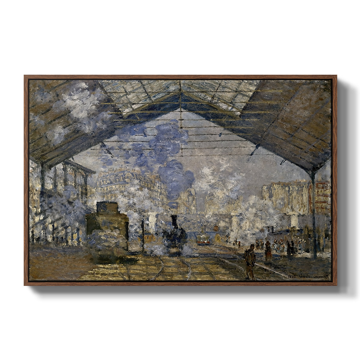 The Gare Saint-Lazare, 1877 by Claude Monet in a walnut floater framed canvas wall art display.