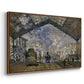 Angled view of The Gare Saint-Lazare, 1877 by Claude Monet in a walnut floater framed canvas.