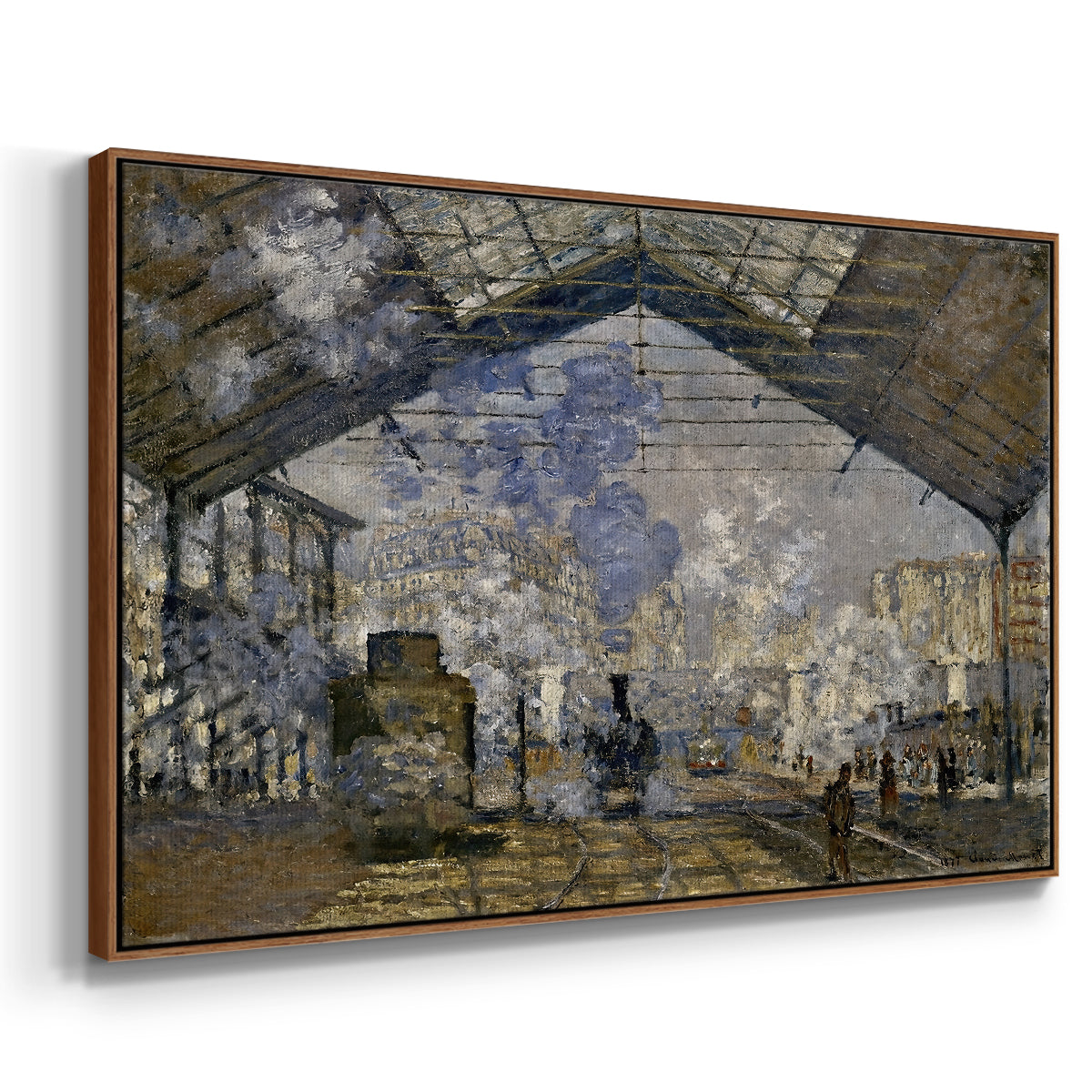 Angled view of The Gare Saint-Lazare, 1877 by Claude Monet in a walnut floater framed canvas.