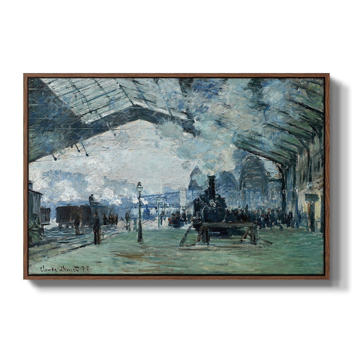 The Saint-Lazare Station, 1877 by Claude Monet in a walnut floater framed canvas wall art display.