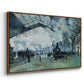 Angled view of The Saint-Lazare Station, 1877 by Claude Monet in a walnut floater framed canvas.