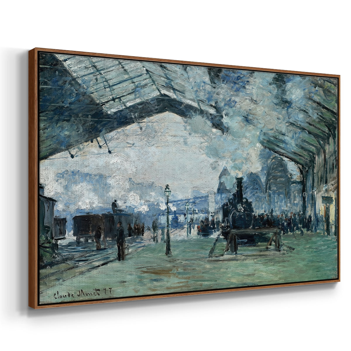 Angled view of The Saint-Lazare Station, 1877 by Claude Monet in a walnut floater framed canvas.