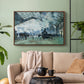 Walnut floater framed canvas featuring a dramatic depiction of industrial space with trains and light, displayed above a sofa in a modern living room.