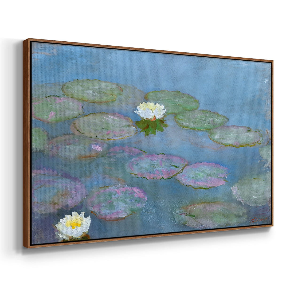 Angled view of Water Lilies (Nymphéas), 1897-1899 by Claude Monet in a walnut floater framed canvas.