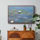 Water Lilies (Nymphéas), 1897-1899 by Claude Monet in a walnut floater framed canvas featuring floating water lilies on pond with reflections of sky and foliage, displayed above a wood console cabinet.