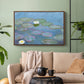 Walnut floater framed canvas featuring a close-up of aquatic plants in still water, displayed above a sofa in a modern living room.