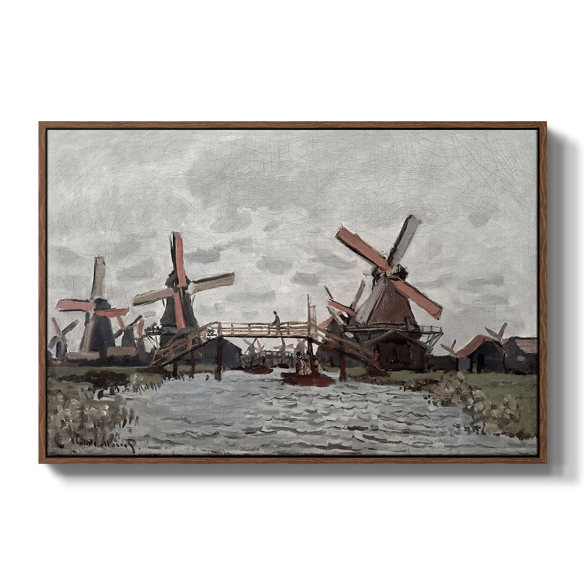 Windmills near Zaandam, 1871 by Claude Monet in a walnut floater framed canvas wall art display.
