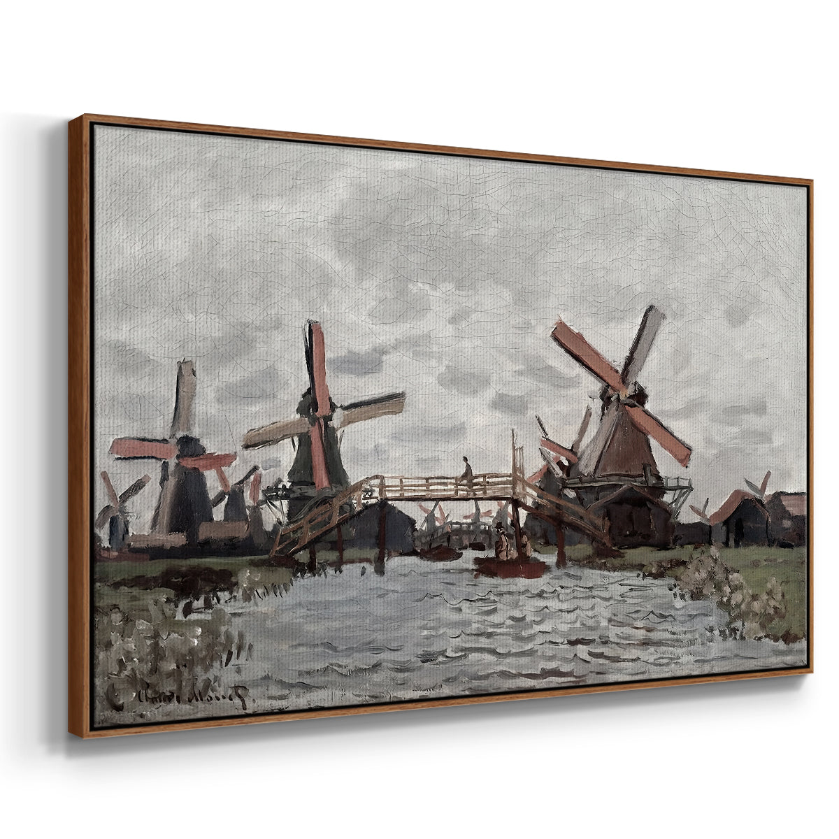 Angled view of Windmills near Zaandam, 1871 by Claude Monet in a walnut floater framed canvas.