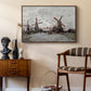 Windmills near Zaandam, 1871 by Claude Monet as a walnut floater framed canvas featuring a countryside scene with traditional windmills and reflections, styled above a mid-century console in a contemporary living area.