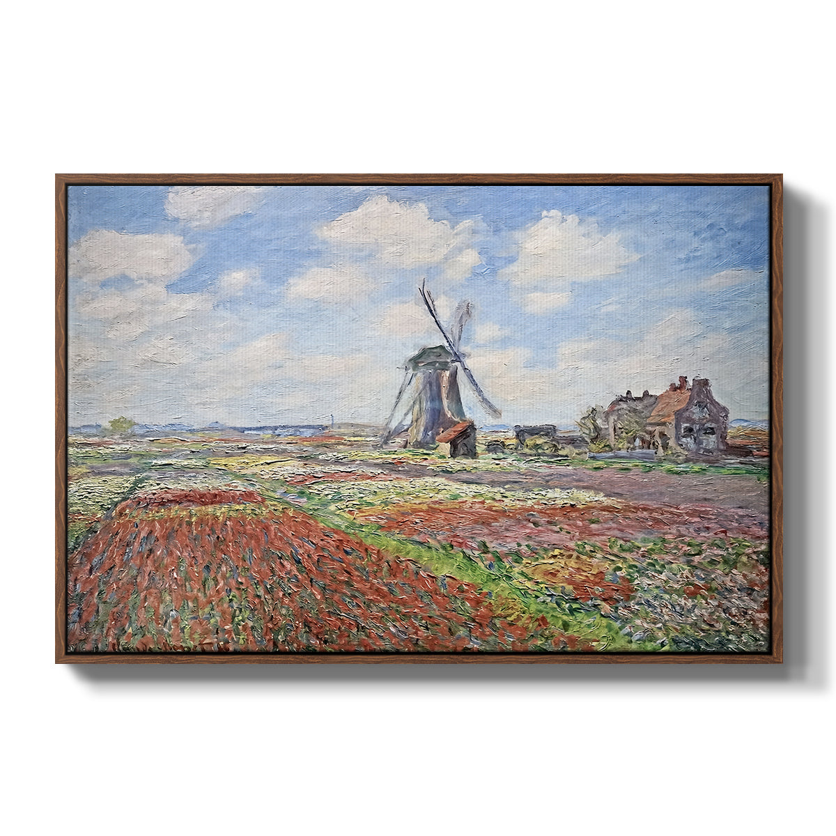 Tulip Fields with the Rijnsburg Windmill, 1886 by Claude Monet in a walnut floater framed canvas wall art display.