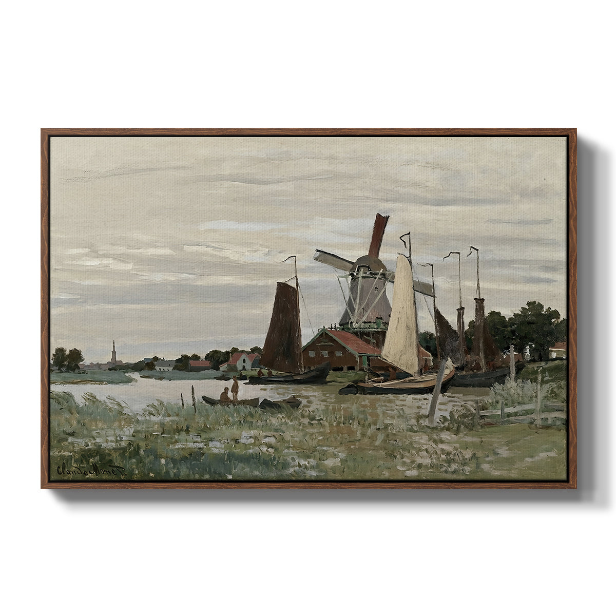 Windmill at Zaandam, 1871 by Claude Monet in a walnut floater framed canvas wall art display.