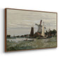 Angled view of Windmill at Zaandam, 1871 by Claude Monet in a walnut floater framed canvas.