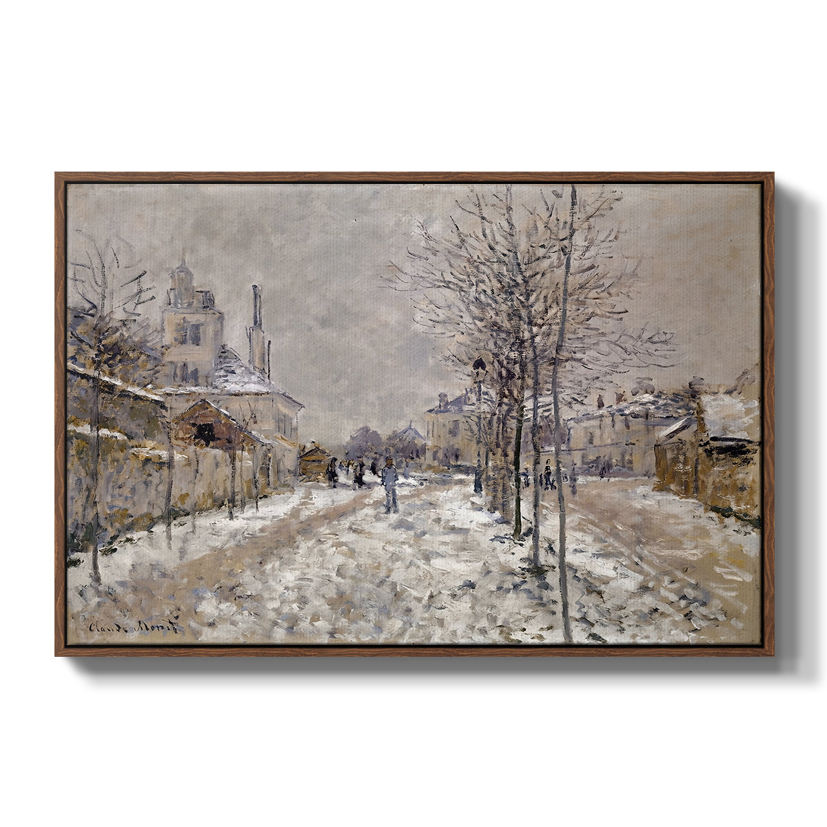 The Boulevard de Pontoise at Argenteuil, Snow Effect, 1875 by Claude Monet in a walnut floater framed canvas wall art display.