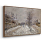 Angled view of The Boulevard de Pontoise at Argenteuil, Snow Effect, 1875 by Claude Monet in a walnut floater framed canvas.