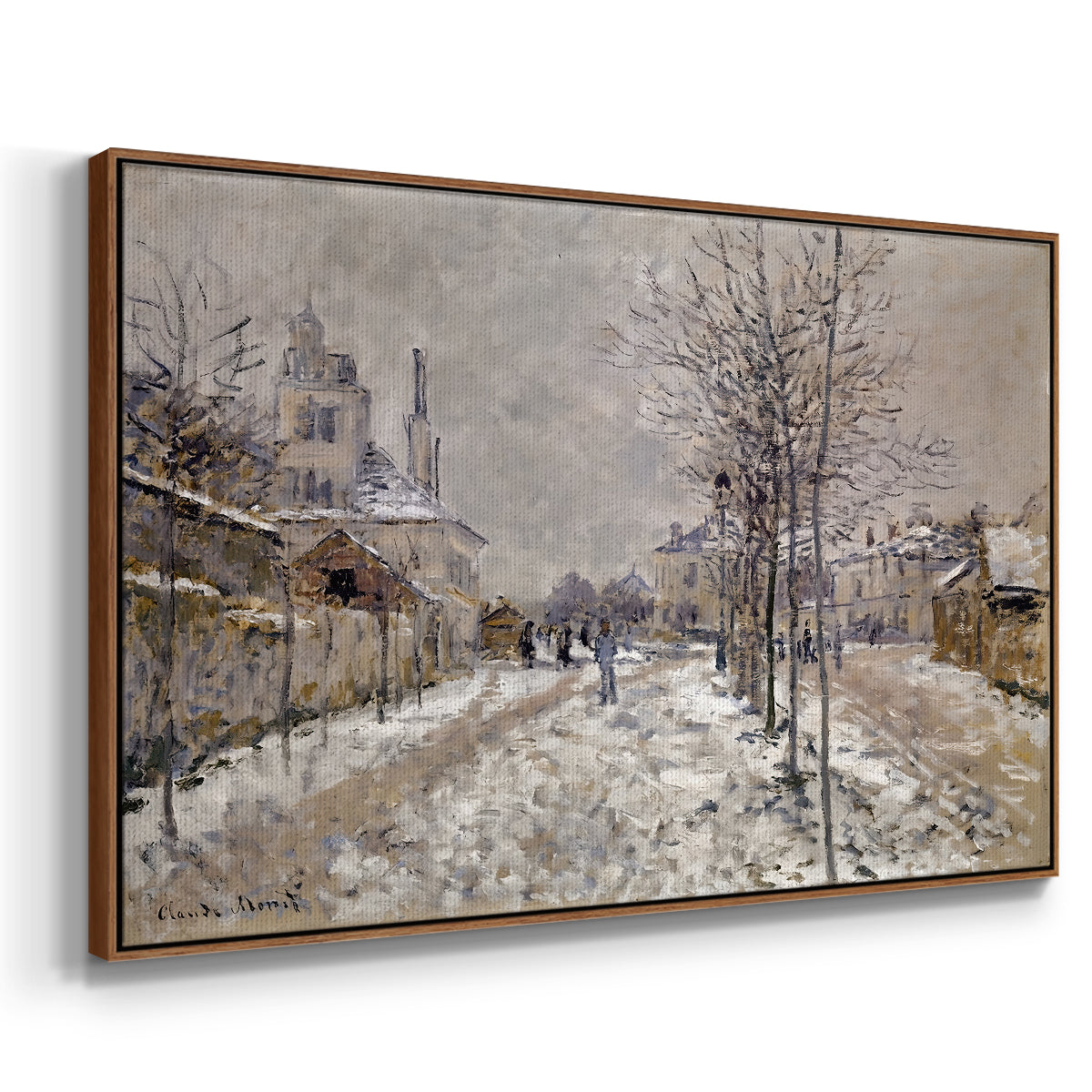 Angled view of The Boulevard de Pontoise at Argenteuil, Snow Effect, 1875 by Claude Monet in a walnut floater framed canvas.