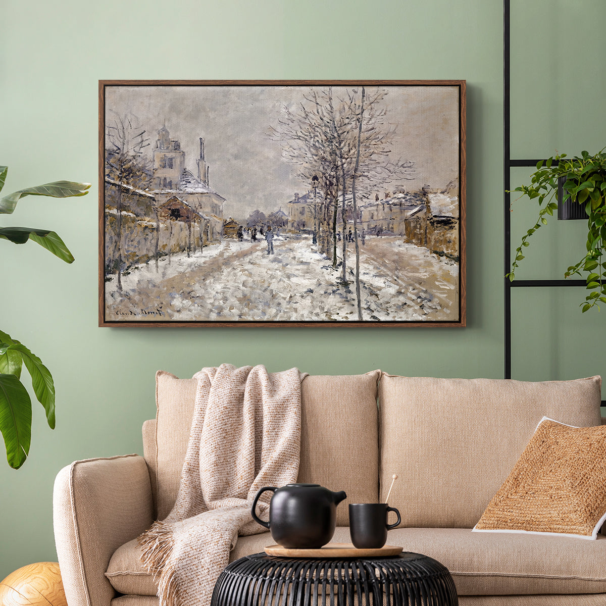Walnut floater framed canvas featuring an urban winter landscape with muted tones and soft light, displayed above a sofa in a modern living room.