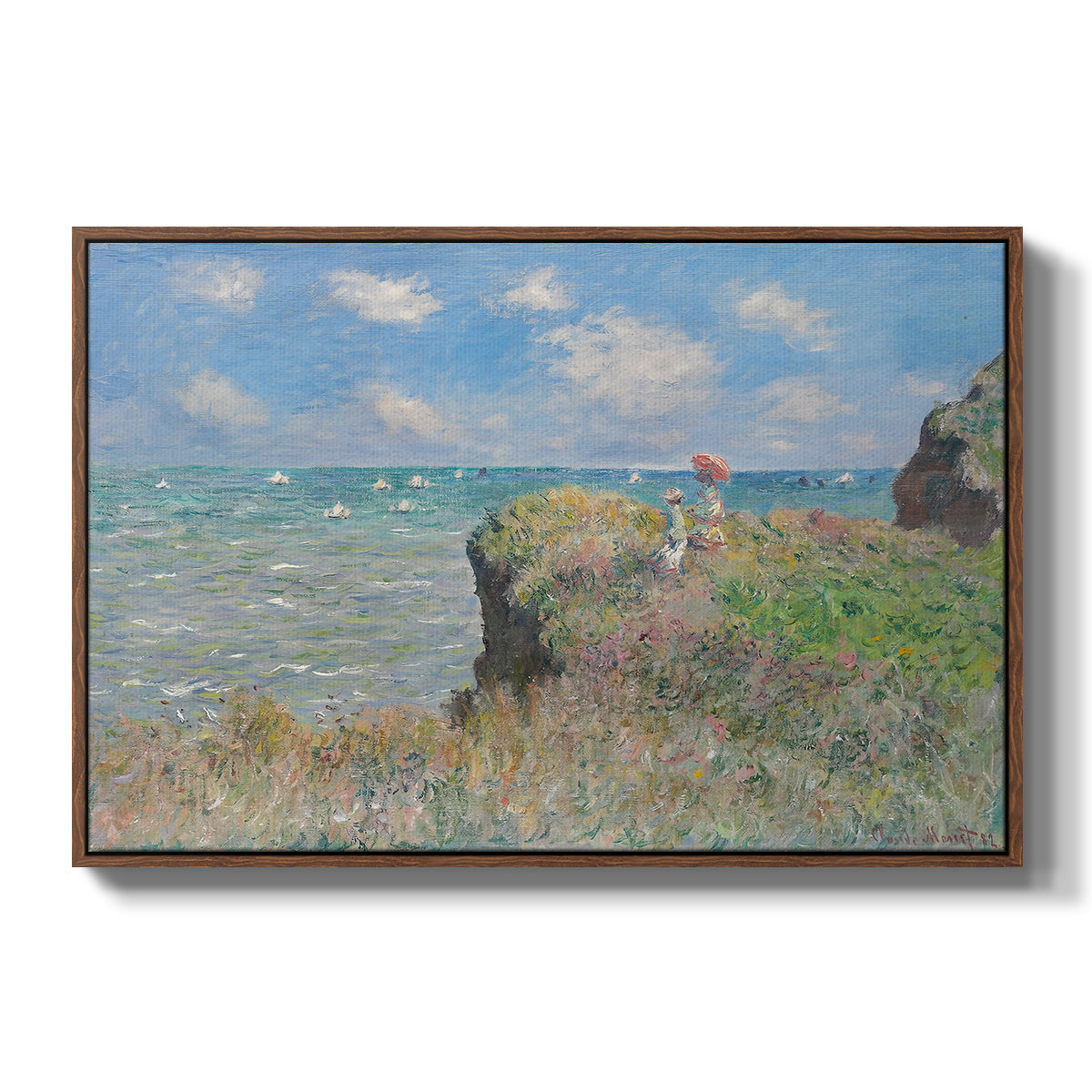 The Cliff Walk at Pourville, 1882 by Claude Monet in a walnut floater framed canvas wall art display.