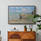 The Cliff Walk at Pourville, 1882 by Claude Monet in a walnut floater framed canvas featuring figures walking along coastal cliff path overlooking ocean and sky, displayed above a wood console cabinet.