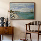 Regatta at Sainte-Adresse, 1867 by Claude Monet as a walnut floater framed canvas featuring an impressionist coastal view with colorful sails and shoreline activity, styled above a mid-century console in a contemporary living area.