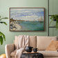 Walnut floater framed canvas featuring a nautical scene with boats racing near seaside town, displayed above a sofa in a modern living room.