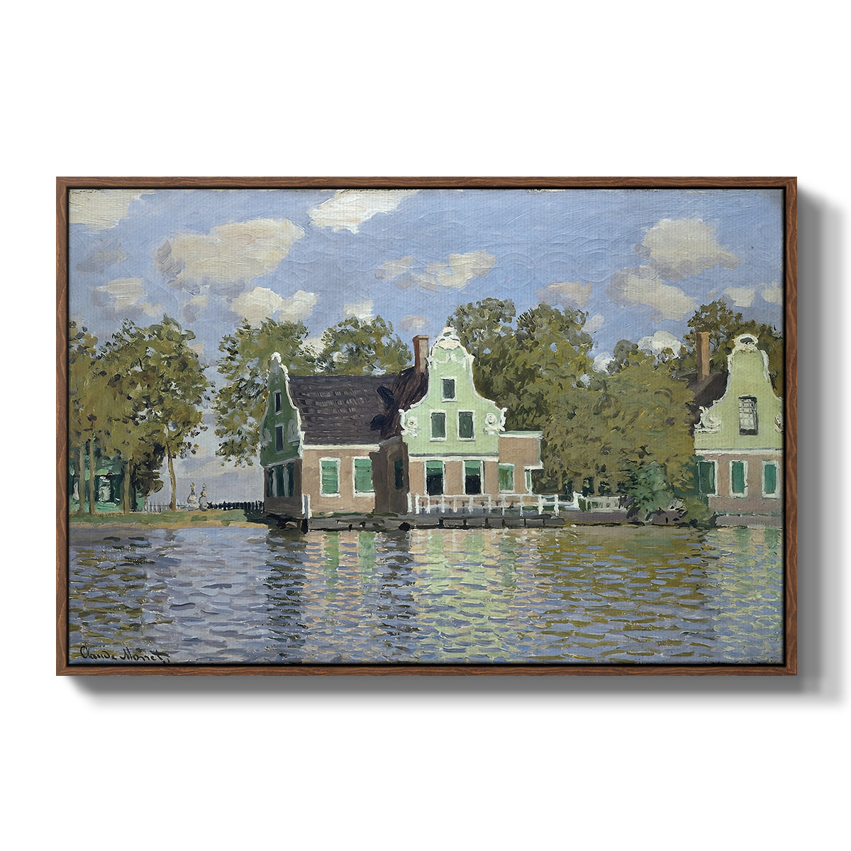 Houses on the Zaan River at Zaandam, 1871 by Claude Monet in a walnut floater framed canvas wall art display.