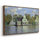 Angled view of Houses on the Zaan River at Zaandam, 1871 by Claude Monet in a walnut floater framed canvas.