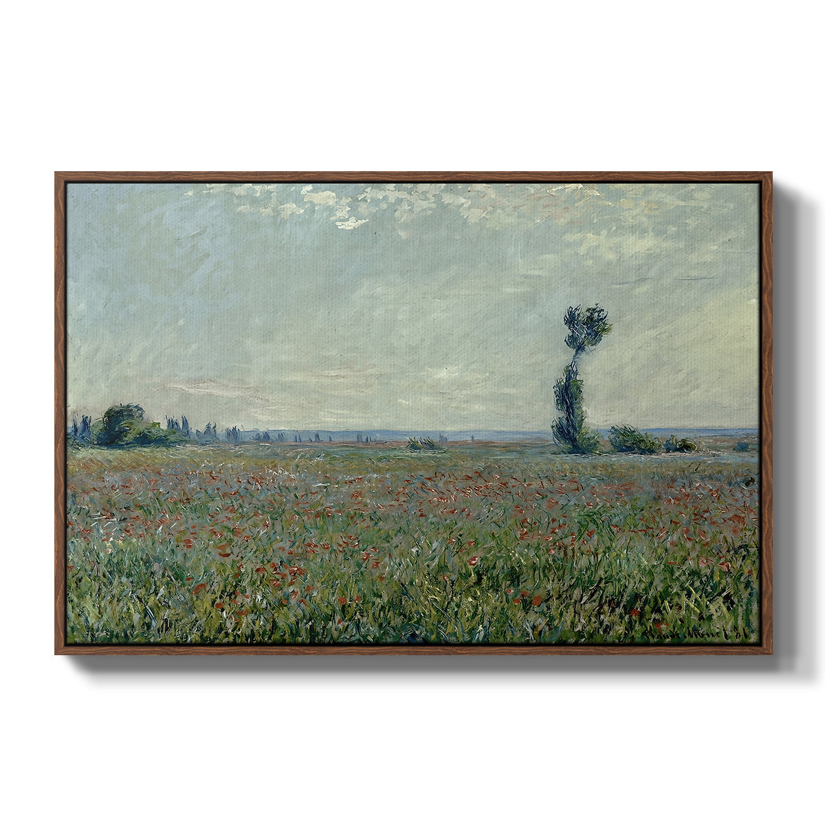 Poppy Field, 1881 by Claude Monet in a walnut floater framed canvas wall art display.