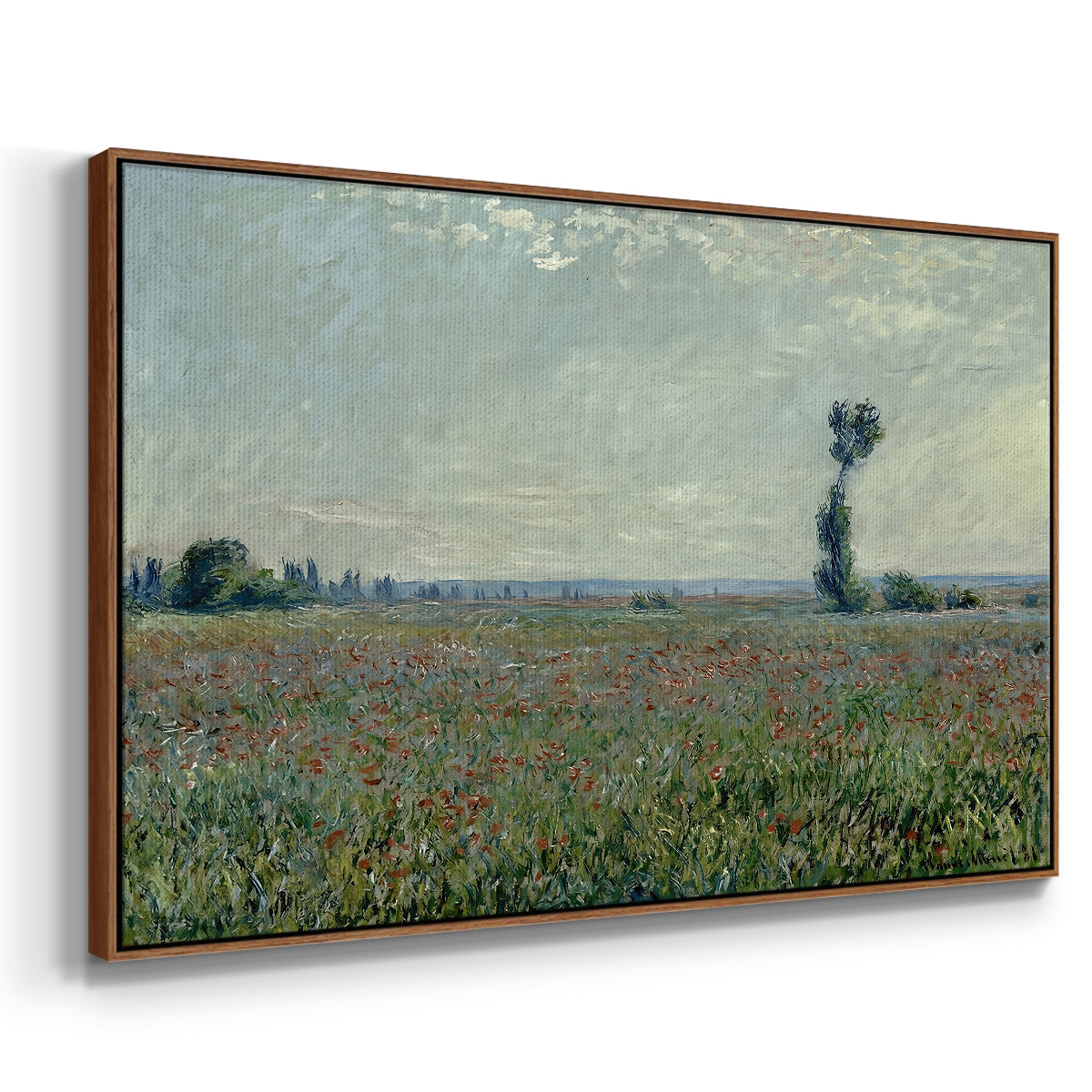 Angled view of Poppy Field, 1881 by Claude Monet in a walnut floater framed canvas.