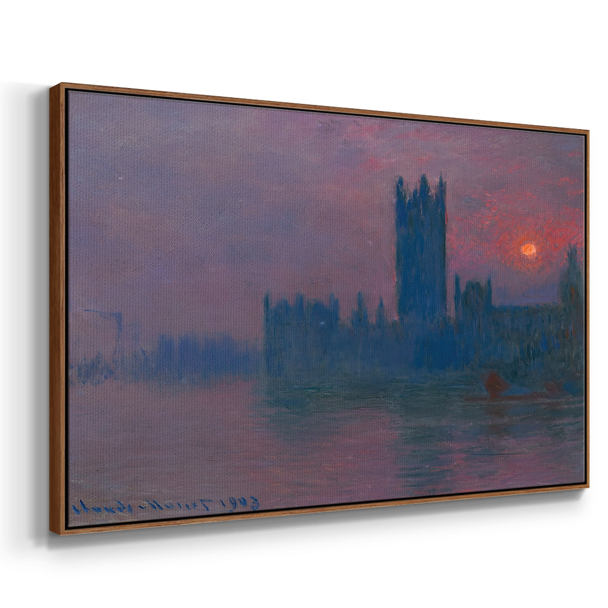 Angled view of The Houses of Parliament, Sunset, 1903 by Claude Monet in a walnut floater framed canvas.