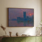Walnut floater framed canvas of The Houses of Parliament, Sunset, 1903 by Claude Monet, featuring an impressionist cityscape with warm sunset light over water above a sideboard in a softly lit hallway.