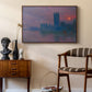 The Houses of Parliament, Sunset, 1903 by Claude Monet as a walnut floater framed canvas featuring an atmospheric London scene with buildings fading into haze, styled above a mid-century console in a contemporary living area.