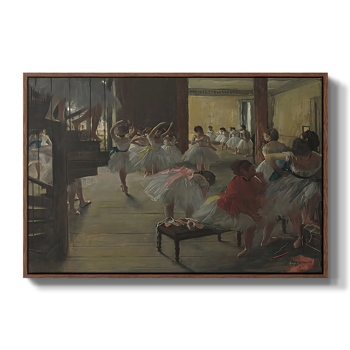 The Dance Class, c. 1873 by Edgar Degas in a walnut floater framed canvas wall art display.
