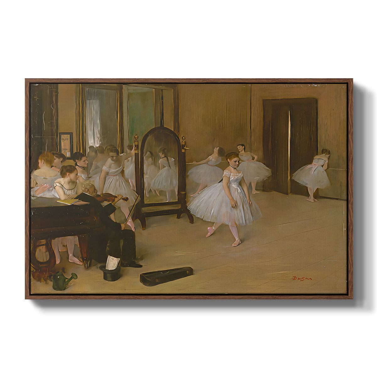 The Dancing Class, c. 1870 by Edgar Degas in a walnut floater framed canvas wall art display.
