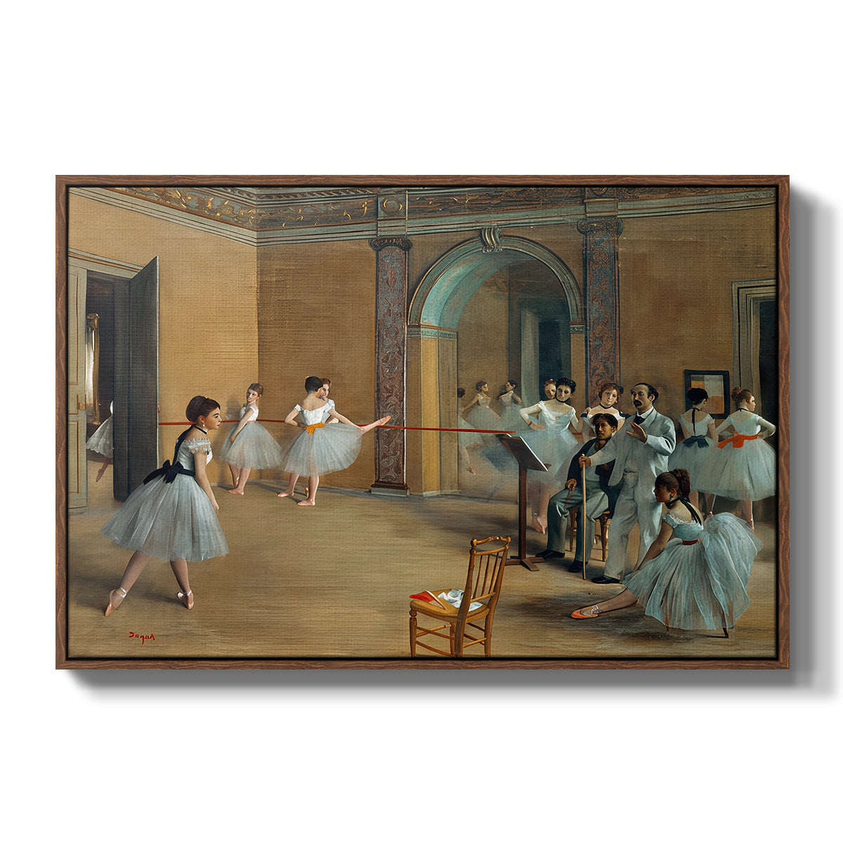 The Dance Foyer at the Opera on the Rue Le Peletier, 1872 by Edgar Degas in a walnut floater framed canvas wall art display.