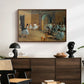 The Dance Foyer at the Opera on the Rue Le Peletier, 1872 by Edgar Degas displayed in a walnut floater framed canvas above a dark wood credenza in an entryway.