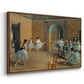 Angled view of The Dance Foyer at the Opera on the Rue Le Peletier, 1872 by Edgar Degas in a walnut floater framed canvas.