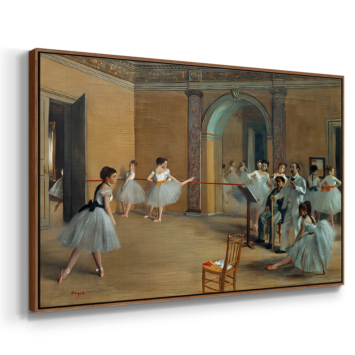 Angled view of The Dance Foyer at the Opera on the Rue Le Peletier, 1872 by Edgar Degas in a walnut floater framed canvas.