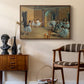 The Dance Foyer at the Opera on the Rue Le Peletier, 1872 by Edgar Degas as a walnut floater framed canvas featuring an impressionist depiction of ballet foyer with multiple figures, styled above a mid-century console in a contemporary living area.