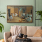 Walnut floater framed canvas featuring an elegant rehearsal space with dancers in soft lighting, displayed above a sofa in a modern living room.
