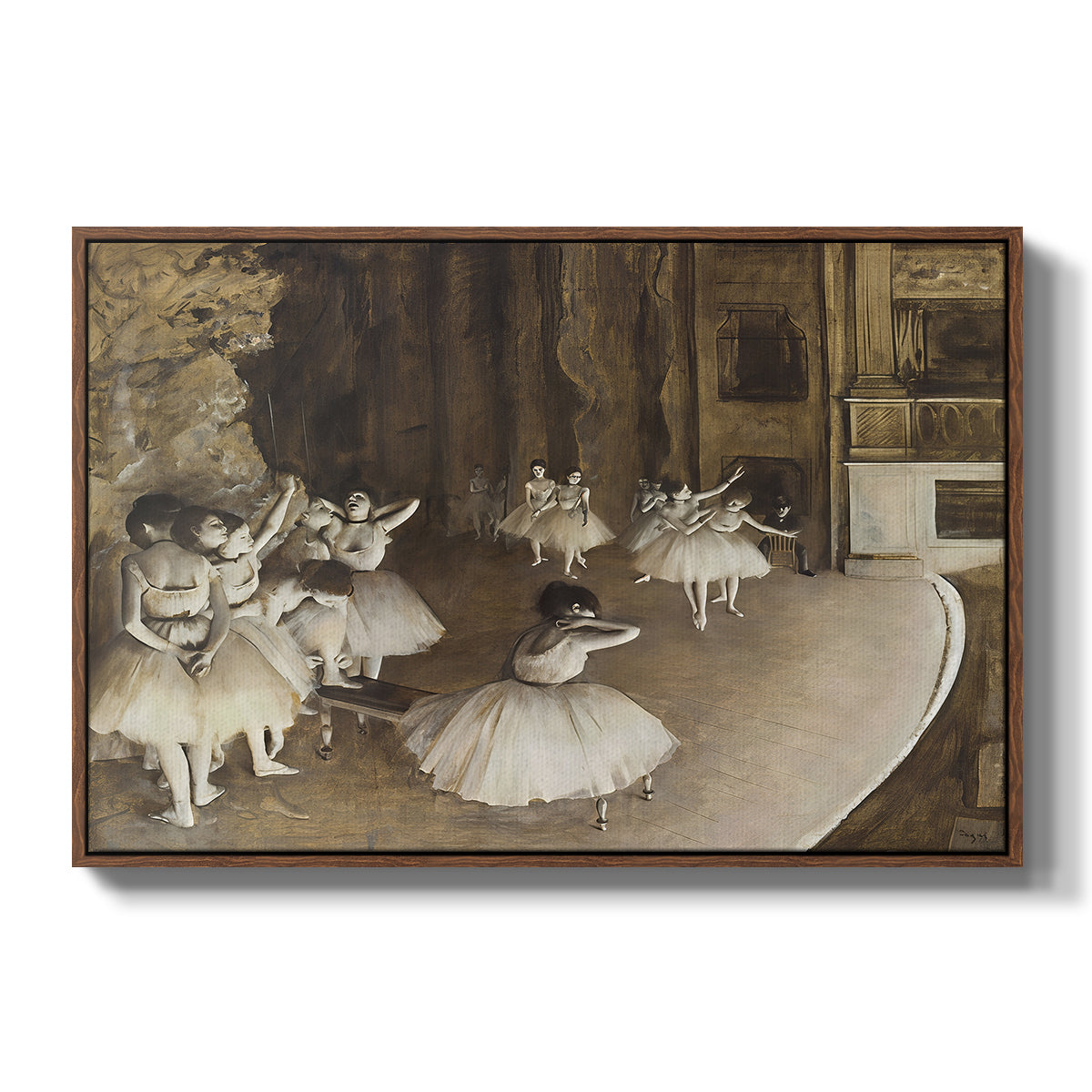 The Rehearsal of the Ballet Onstage, 1874 by Edgar Degas in a walnut floater framed canvas wall art display.