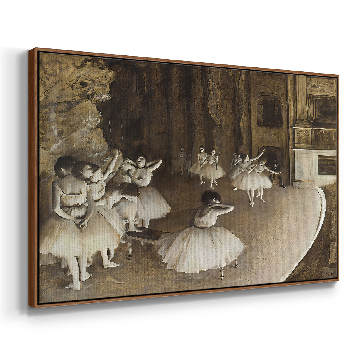 Angled view of The Rehearsal of the Ballet Onstage, 1874 by Edgar Degas in a walnut floater framed canvas.