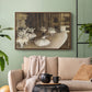 Walnut floater framed canvas featuring dancers arranged on stage with visible set and depth, displayed above a sofa in a modern living room.